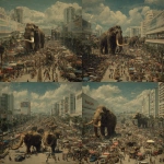 **A megafauna mega march stampeding through a mexican megamart in the middle of the day on a monday in may. GO** - Variations (Strong) by <@314960713737175041> (fast)