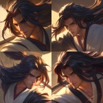 **<https://s.mj.run/TzxsZr6OQ0o> Extremely handsome and captivating Japanese lord from Imperial Japan, close-up dynamic head-and-shoulders splash art portrait in the style of League of Legends and MoonColony Studio. The young samurai lord has long, flowing black hair with subtle warm brown streaks, windswept dramatically as if caught mid-motion during a turn. His intense, determined expression is focused and slightly angled downward, with sharp, well-defined features, strong brows, and high cheekbones. He’s looking at the left side of the image, 3/4 view of his face, sunlight coming from the left, He wears a traditional white-and-grey kimono with black inner layers, illuminated by warm sunlight from the side, creating striking highlights on his hair and fabric folds. Emphasize the sense of motion in his hair and the dynamic camera angle, sharp linework, vibrant colors, cinematic lighting, ultra-detailed, polished digital painting, professional video game splash art quality --ar 1:1 --niji 6 --raw** - Variations (Strong) by <@886738135285911622> (fast)