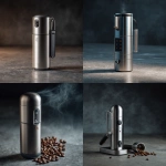 **create a concept photo for a small sleek stainless steel cylindrical shaped portable espresso machine. With a small pressure and heating. With a small screen. On a dimly lit product photo style shoot on darker background and concrete countertop** - <@796572981248786462> (fast)
-# Create, explore, and organize on [midjourney.com](<https://midjourney.com/imagine?from_discord=1>)