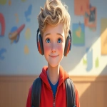 **a medium shot of a realistic illustrated happy 7-year-old Caucasian male student from America, they have a well-defined nose and a well-defined jawline, they have blue eyes and straight blonde hair, they stand with their head and neck and shoulders completely square to the camera and facing forward, their entire body is facing forward, they wear a backpack, they have large headphones on their head, they stand in front of a white wall with bright graffiti art spray painted on it, it is daytime, the sun is shining bright, high-definition, anime-style, --ar 16:9 --niji 6** - Image #1 <@1065025086664474674>