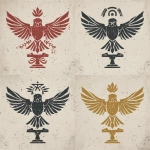**In a Dungeons and Dragons art style, create four different yet simple versions of a noble house&#039;s sigil. The design should be simple. Its major element is a hawk&#039;s wings spread wide and eyes vigilant and looking forward. Its minor elements are a plant in one talon and a blacksmith&#039;s hammer in the other talon. All different versions, as if made in medieval times with medieval-level tools, each made of different materials, such as stone, iron, wood, and paint. They should all be simple designs using a single material. They should be worn. They should be on a white background. --v 7.0** - Upscaled by &lt;@478047972412620803&gt; (fast)