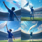 **Young Japanese male soccer player standing confidently on a green soccer field, wearing a plain solid blue soccer jersey with a single white back number, no logos or brands, holding a large white flag raised high above his head, modern stadium filled with cheering fans, bright morning sunlight shining, dynamic wind blowing the flag dramatically, anticipation and determination in his eyes, cinematic atmosphere, realistic style, wide shot, no teammates, no goalposts, focus on the player and the flag as a symbol of a new beginning --niji 6** - <@1212945075831836692> (relaxed)