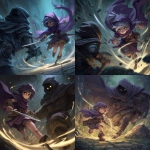 **anime art style , fantasy card art, a small female midget rogue in a purple cloak performing a feint in mid-combat his body blurs in motion as he fakes a slash to the left with a short sword, while slipping a hidden dagger low to the right. The towering fully cloaked enemy reacts to the wrong move, completely off-balance, eyes wide with surprise.The rogue has a sly grin on her face, glowing motion trails emphasize the misdirection. Cinematic anime-inspired style, dynamic angle, high detail, moody lighting.** - <@189255832385486848> (fast)