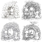 **Cozy music room built within a cluster of grapes, interior softly curved like grape walls. A small round window lets light in. The rabbit sits on a stool holding a violin, and the fox claps nearby. Minimal background, easy-to-color line art. --v 6.1** - <@1426448926453530644> (relaxed)