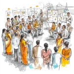 **An Indian jewellery factory workplace scene showing HR-led change management. Employees in sarees and uniforms gathered in a workshop, listening and engaging with empathy, symbolizing emotional barrier resolution. Managers and union leaders sitting together in transparent dialogue, shaking hands to build trust. Workers participating actively, pointing at charts and plans, symbolizing inclusion and ownership as co-creators. A small group celebrating with claps, recognition boards, and weekly update charts pinned on walls, symbolizing celebrating small wins. Pen-and-ink illustration, detailed linework, colorscale shading, white background, uplifting and collaborative mood.** - Image #3 <@1161879354951880775>