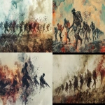 **a collage image of a soldier charging the enemy lines. every step the soldier changes, first a roman worrior, then crusader, then american civil war, then wolrd war one, then vietnam, into modern soldier. --ar 7:4 --v 6.0** - <@415014465860272130> (fast)