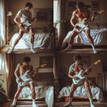 **a guy rocking his electronic guitar at home in his boxershort, he is wearing white socks and a loose white t-shirt, super realistic photo, HD** - Variations (Strong) by <@1125339774677426227> (fast)