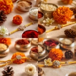 **A close-up photograph of a festive Raksha Bandhan setup on a soft beige background. A delicate yellow thread rakhi with silver bead accents is placed in the center, surrounded by a vibrant orange marigold flower, a small white jasmine flower, metallic silver containers filled with red kumkum and rice, and a pinecone for added texture. The lighting is warm and soft, giving a cozy and elegant festive feel, with a shallow depth of field that keeps the focus on the rakhi.** - <@1331627685406965792> (fast)