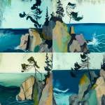 **<https://s.mj.run/pPytsLEIUl0> an abstract painting of georgian bay frothy water crashes onto the shore of a rock island with a single wind blown pine tree, paint mixed with streaks, muted and abstract forms, in the style of Helen Frankenthalter --ar 3:2 --v 4** - <@999895176619237436> (fast)