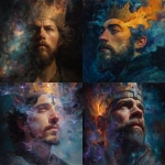 **A wide, front-facing oil painting portrait of a king crowned with an otherworldly, luminous crown welding that seems forged from liquid gold and cosmic light, shimmering and shifting as if alive. His full face, chest, and upper torso are visible, but the left side of his face and shoulder are engulfed in surreal flames not ordinary fire, but vibrant waves of translucent, spectral colors: deep blues, fiery oranges, and ghostly purples that ripple and spiral, dissolving softly into the surrounding air. These flames emit a radiant glow that fractures light like stained glass, illuminating his features with ethereal brilliance and casting impossible shadows that bend and twist. The bold ash cross on his forehead is made of swirling ash particles suspended mid-air, subtly floating and reshaping, symbolizing the fragile boundary between mortality and divinity. His calm, contemplative expression holds a hypnotic, almost hypnotized serenity, with eyes reflecting stars and galaxies a window to infinite spiritual realms. The dark background is alive with shifting cosmic nebulae, faint celestial bodies, and soft glowing fractal patterns that evoke the mystery of the universe itself witnessing this transcendent moment. Painted with meticulous, soft, and flowing oil brush strokes, the textures meld realism with dreamlike abstraction--skin glows with warmth yet translucence, flames move with liquid grace, and the crown radiates a divine energy that defies earthly physics, creating a deeply immersive, mystical, and unreal atmosphere.** - <@1097374443979935885> (fast)