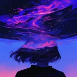 **a woman's head from behind in the dark looking up at the sky. The sky is beautiful and filled with stars and streaking details of color. --niji 6 --ar 2:3** - Upscaled (Subtle) by <@656961830371196938> (fast)