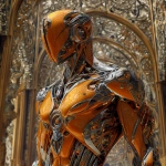 **full body ripped robotic masculine man / with exoskeleton made of forged aluminum / anodized in a stunning finish of elegant bold and eye-catching cosmic orange / electrifying / great and terrible beauty / background depicts ornate complex lattice patterns of beauty and wonder / full length view --no borders, frames, grids, split screens, tiles, women, girls, females** - Image #3 <@1080572898269466724>