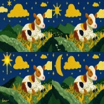 **a cow in the style of knitted art is seen eating grass on an illustration with bold colors and patterns, featuring blue sky and yellow stars. the pattern includes colorful details such as brown dots and white stripes on its fur, which adds to it's playful character. a green patch can be visible at bottom right corner of the scene, indicating that we may see more grass or other elements around. this design would create a whimsical atmosphere for any wallpaper or background use. --ar 3:2** - Pan Left by <@1263833281322029154> (fast)