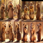 **A 3-view character turnaround of a cute anthropomorphic cartoon beaver, shown in front view, side view, and back view, fluffy and soft fur with rich texture, big expressive eyes, wide smile with visible teeth, rounded body, short limbs, large flat tail in back view, Disney Pixar animation style, warm and gentle lighting, consistent proportions, beige background with horizontal guide lines, clean and high-resolution illustration --v 6.0 --ar 16:9 --sref <https://s.mj.run/SdG-GUEyRSw> --sw 100** - <@568812885007007745> (fast)