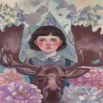 **a girl named Dorothy garland with a mahogany moose head in front a large flower, in the style of detailed portraiture, otherworldly illustrations, wizard of Oz, geometric aesthetics, the stars art group (xing xing), haunting portraits, painted illustrations --ar 74:105 --p 248jcws --s 50 --v 7.0** - Image #2 <@1007106543935823902>