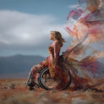 **Cosmography diaphanous double exposure featuring an avant-garde wheelchair disability accessible couture double exposure over a spellbinding natural landscape wind blowing wistfully --ar 4:5** - Image #3 <@948741381743083580>