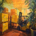 **Expressionist abstract oil painting of person picking up boxes at a storage facility with a forklift. Visionary, realistic, plants, warm lighting, fall, bright happy office --ar 4:3 --v 7.0 --s 50** - Image #4 <@495133821717446656>
