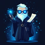 **Futuristic legal wizard mascot, glowing blue eyes, wearing a judge robe mixed with a wizard cloak, holding a digital scroll and a smartphone, cartoonish but clean, high-tech magical vibe, flat design - vector art --s 250** - Image #4 <@844314166369583134>