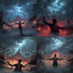**<https://s.mj.run/prtaYJlQqPI> match this picture and add a carnival ring master wearing a red vest and black suit with no face under his black top hat is welcoming you with his right arm to the creepy weird Lovecraftian carnival filling the background, as a front page art piece painting, --ar 8:11 --v 7.0** - <@1035886146422583346> (fast)