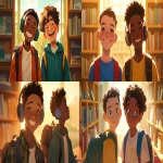 **a medium shot of two realistic illustrated happy 8-year-old students from America, they have a well-defined noses and well-defined jawlines, the first student is an African American male with light brown eyes and very short black hair, the second student is a dark African American male with light brown eyes and curly black hair, they stand with their head and neck and shoulders completely square to the camera and facing forward, their entire body is facing forward, they wear backpacks, they have large headphones on their head, they stand in a library, it is daytime, the sun is shining bright, high-definition, anime-style, --ar 16:9 --niji 6** - <@1065025086664474674> (relaxed)
-# Create, explore, and organize on [midjourney.com](<https://midjourney.com/imagine?from_discord=1>)