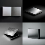 **a square silver book cover, slightly open on the right side, slightly closed at the top and bottom edges, with a black background. the front of it has a matte texture with a gradient from light gray to dark gray, and its surface has no visible textures or patterns. it's placed in an environment that appears minimalist and professional. there should be some text on one page of the book cover, but not too much detail. --ar 85:128** - <@773495126521544745> (fast)