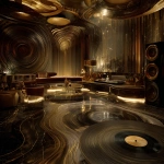 **Surrealism 1980s abstract luxury music lounge, black gold brown colors rich colors, luxury, hd quality , vinyl showing, low lighting, 1 conversation pit, tall abstract speakers, vinyl records , bar lounge included , high quality, clear record shaped table --v 7.0** - Image #3 <@951239260281913364>