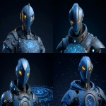 **<https://s.mj.run/C1JytmATft8> futuristic watcher sentinel in weathered bronze armor, glowing yellow eyes beneath a sleek helm, observing a holographic almagest spiral galaxy grid, dramatic cinematic lighting, Unreal Engine-style, ultra HD 8K --ar 3:2 --exp 25 --p j5vl1fh --iw 2 --v 7.0** - Variations (Strong) by <@106534493057220608> (relaxed)