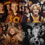 **circa 1990s, Halloween, smiling 8 year old blonde boy dressed as a sunflower, kids in the background dressed as vampires and zombies** - <@1014234226171858944> (fast)