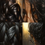 **hair strands wrapped carefully in linen strips coated with black paste; close-up view; warm lamplight; realistic detailed painting --ar 16:9 --v 6.1** - <@1168965155363762248> (fast)