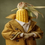 **An corn cob was wearing a stylish khaki coat over a white t-shirt --ar 9:16** - Image #4 <@1136547221920296960>