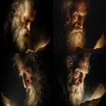 **A hyper-realistic Baroque oil painting close-up of an elderly biblical man with a long white beard and a deeply wrinkled, weathered face. He is looking down with an expression of intense regret and focus at an ancient, glowing scroll held in his hands. The scroll emits a warm, golden divine light that illuminates his face from below, highlighting the texture of his skin and beard. The background is pitch black darkness, emphasizing the isolation of the soul. Floating dust particles and 'holy dust' surround the scroll. Heavy impasto brushstrokes, canvas texture, craquelure effects visible. The atmosphere is solemn and urgent. Cinematic chiaroscuro lighting. Style of Rembrandt and Caravaggio mixed with Unreal Engine 5 rendering. 8k resolution, masterpiece. --ar 16:9** - <@1401990355016089761> (fast)