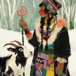 **Warrior witch thundersnowpunk with long braids and stylized warrior witch’s hat and goat companion in the snow --sref 1999999999 1999999991 416557976 2252558232 698008135 1078492728 2187294478 217414415 416417418 7337 80085 696969 47 73 97 100 --sv 4 --niji 6 --p grjlt42 --raw** - Image #4 <@948741381743083580>
