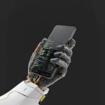 **iphone17, straight on, held by robot hand made of coding lines --v 7.0** - Image #4 <@1048326817838280714>