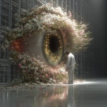 **cinematic. In a futuristic server room, a man looks closely at a single iris that has bloomed within a crack in a server. He is puzzled. Prophetic iris --s 750 --v 7.0** - Upscaled by <@1071135204846096475> (fast)