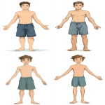 **a comic cartoon of a 19-year-old European teenage male, short brown hair, wearing swim shorts, barefoot, standing with arms down and arms open, looking directly at the camera, neutral pose and expression, no background, simple and minimal, --ar 9:16** - <@409716268476923920> (fast)