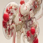 **synthetic pancreas organ and cells, in the mood of Ghost in The Shell, transparents parts, digital illustration, red accents, ivory background, suitable for a magazine cover --ar 16:9** - Image #1 <@153912116150140929>