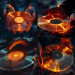 **close-up cinematic shot of human hands gently holding a translucent vinyl record made from medical X-ray film, glowing faintly with soft orange light shining through it, delicate etched grooves visible on the surface, reflections of medical imagery and soundwave patterns inside the record, dark blurred warehouse or health conference background with warm ambient lighting, realistic skin texture and subtle depth of field, poetic emotional tone, 35mm film photo realism, fine art photography composition, high contrast black and orange palette --ar 3:2 --v 6.0 --raw** - <@840070267890958356> (fast)