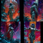 **<https://s.mj.run/Z9_vruGAMu0> A woman wearing a space suit with full cooling equipment stands comfortably in the humid jungle. New place, neon line drawing with geometric pattern. A special door with a new dream world, deep in the magnificent forest. Animatrix illustration style, the moment you open it with a key you've never seen before, a dazzling beam scatters from where you stab the key, a commemorative photo of a fractal psychedelic fantasy of the future and a journey in the space of complex geometric shapes. The color scheme is a vivid light, novel and very advanced combination, Holographic VFX Shapes Dazzle with Light and Motion --p tmvzwwh --s 750 --v 7.0** - <@1039020526447894558> (relaxed)