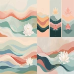 **flat decorative illustration style inspired by modern folk art, layered pastel color gradients with soft transitions, clean vector-like shapes, bold but gentle color blocks, no realistic rendering, minimal conceptual composition, large empty negative space, one single lotus flower silhouette placed in the lower right area, lotus simplified and iconic, smooth organic outline, four seasons represented by color zones distributed across the canvas, spring area in soft pink and light green, summer area in warm coral and light blue, autumn area in muted orange and warm red, winter area in cool blue and pale cyan, seasons expressed only through color fields and gradients, no seasonal objects, no scenery, no background illustration, balanced modern layout, graphic design poster style, clear spatial separation between seasonal color regions, calm, refined, contemporary, --ar 3:2 --v 6.0 --raw** - &lt;@1399973686940795053&gt; (fast)