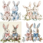 **Two adorable stuffed toy rabbits, soft watercolor style, pastel colors, one with a pink bow and the other with a blue bow, plush fabric texture, slightly worn and stitched details, sitting on soft leaves, cute and charming expressions, highly detailed and whimsical, white background, no additional elements --v 6.0** - <@1227003593262108705> (fast)