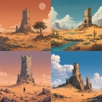 **a dnd drawing. a desert with crumbling zigurrat in front a tower.** - <@694292659686342656> (fast)