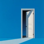**a staged still life of a white open door facing left with black door nob on a cobalt blue seamless background** - Image #3 <@1392132639363694703>