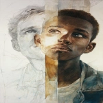**a realistic, Double exposure, sober coloured, lightly 2000s drawn style based on real people, featuring both a boy (16, Somali, vulnerable but determined) and a white man (31, distracted, broken inwardly). The setting may subtly allude to themes of migration, the tension between hope and despair, and two worlds colliding. 8k, high resolution, Space for a title and subtitle. --v 7.0 --ar 5:8 --raw** - Image #4 <@1115197505077006380>