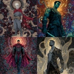 **comic book art / bold lines / full body portrait / of a rugged masculine male obsidian knight / swirling luminous particles / copious intricate multilayered details / background depicts dark complex kaleidoscopic patterns / full length view / paranormal / supernatural** - <@1080572898269466724> (fast)