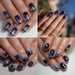 **Please create an image of a celestial French manicure. Navy blue tips. Small gold twinkles and gold crescent moon art all over the nails. Square-oval nail shape. Medium length nails. Add a glossy chrome layer on top of nails.** - <@840730232632639528> (fast)