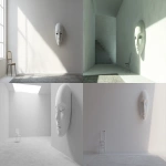 **A white room with an empty wall. On the right side of it, a large porcelain mask is hanging. There is a carpet, and there is also one small chair in front of that mask. The scene has a minimalistic style, rendered as a screenshot from a VR game. --ar 64:31** - <@538736737350975538> (fast)