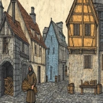 **Medieval illuminated manuscript scene depicting [ solitary man in a wool tunic and hood carrying firewood, walking toward a stone bakery; cobbled medieval street just before sunrise], flat perspective, rich saturated colors, delicate black outlines, 14th century European manuscript style, parchment texture, simplified stylized figures with pale complexions and rosy cheeks, architectural background with blue-gray walls, minimal shading, historical accuracy, --ar 16:9 --v 6.1 --raw** - Image #1 <@1168965155363762248>