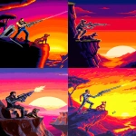 **a man with one metallic arm firing a futuristic rifle downward off a cliff, a dramatically colorful sunset is on his right side, his dog is sitting next to him, 8bit color, retro video game resolution --ar 5:7 --stylize 0 --raw** - <@481618854582157330> (fast)