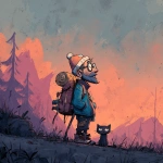**<https://s.mj.run/RTecCqauTFQ> Reimagine this clean cartoon illustration in a painterly, atmospheric style. Use muted earthy tones blended with halloween colored pastels, textured brush strokes, and hazy gradients in the sky. Hiking through the forest with his cat. In the Pacific Northwest near the mountains during blue hour. Apply loose, expressive linework with subtle shading, crosshatching, and worn textures. Add depth and warmth through cinematic lighting and moody color grading. Expressions should remain exaggerated yet nuanced, balancing humor and melancholy within an atmospheric, storybook-like setting. Color Palette: 20% pastel periwinkle 40% pastel cotton candy 20% pastel sekura pink 10% pastel celadon 10% pastel black** - Image #3 <@757787837981786134>