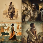 **a black woman wearing a piece of animal skin walking in Ancient African with some animals in the background** - <@1059498035081654292> (fast)